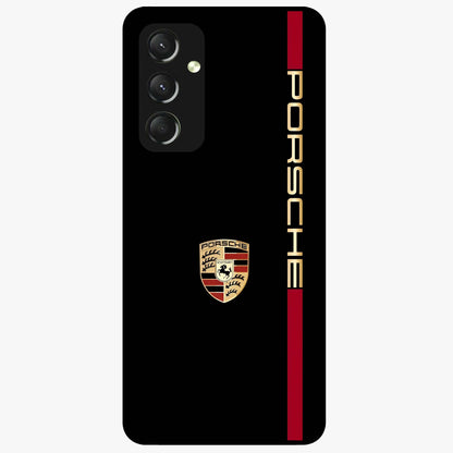 Black Minimal Porsche Glass Case showing flat back view with sleek minimal sports car artwork and glossy glass finish.