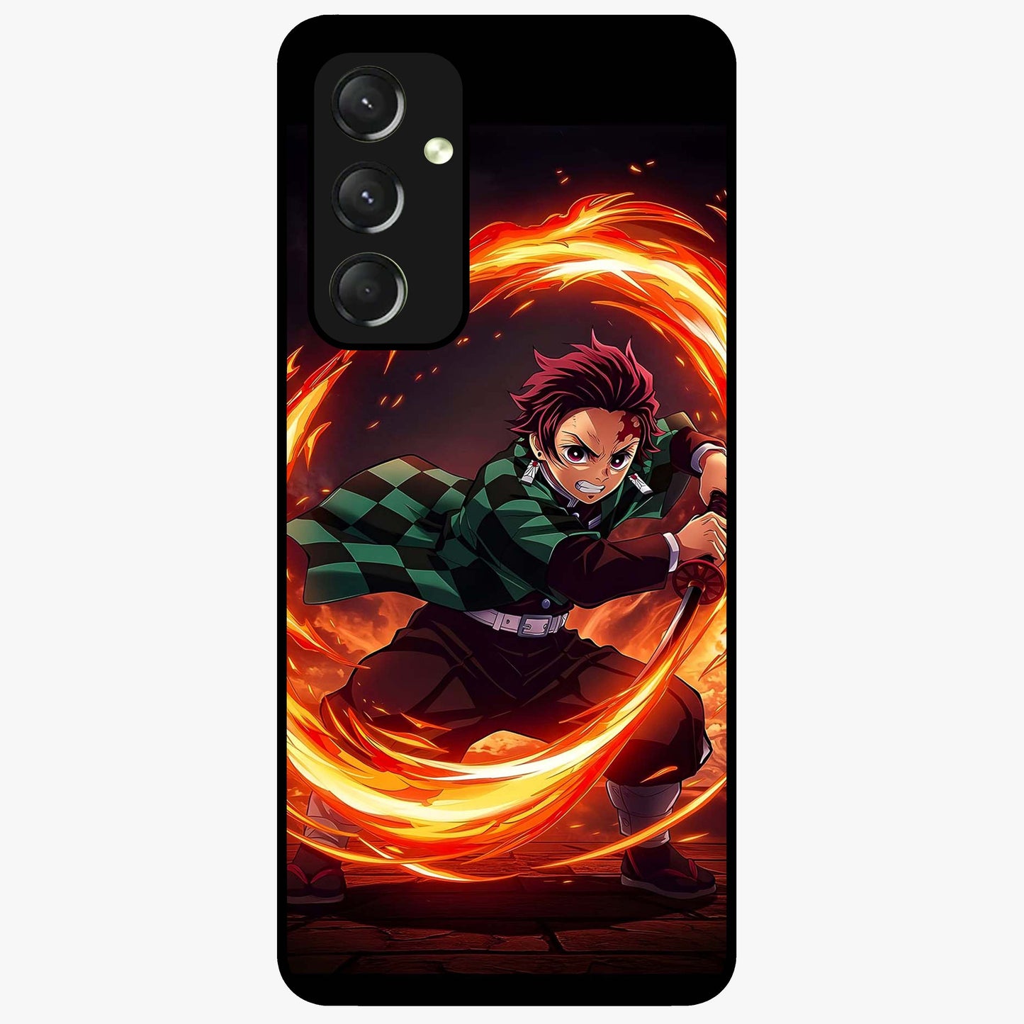 Blazing Sword Resolve Glass Case showing flat back view with fiery sword artwork and glossy glass finish.