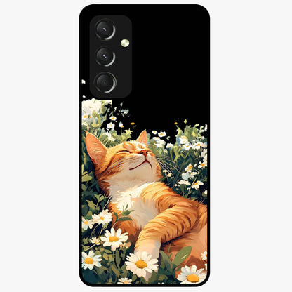 Blissful Bloom Cat Glass Case showing flat back view with cute cat and floral bloom artwork and glossy glass finish.