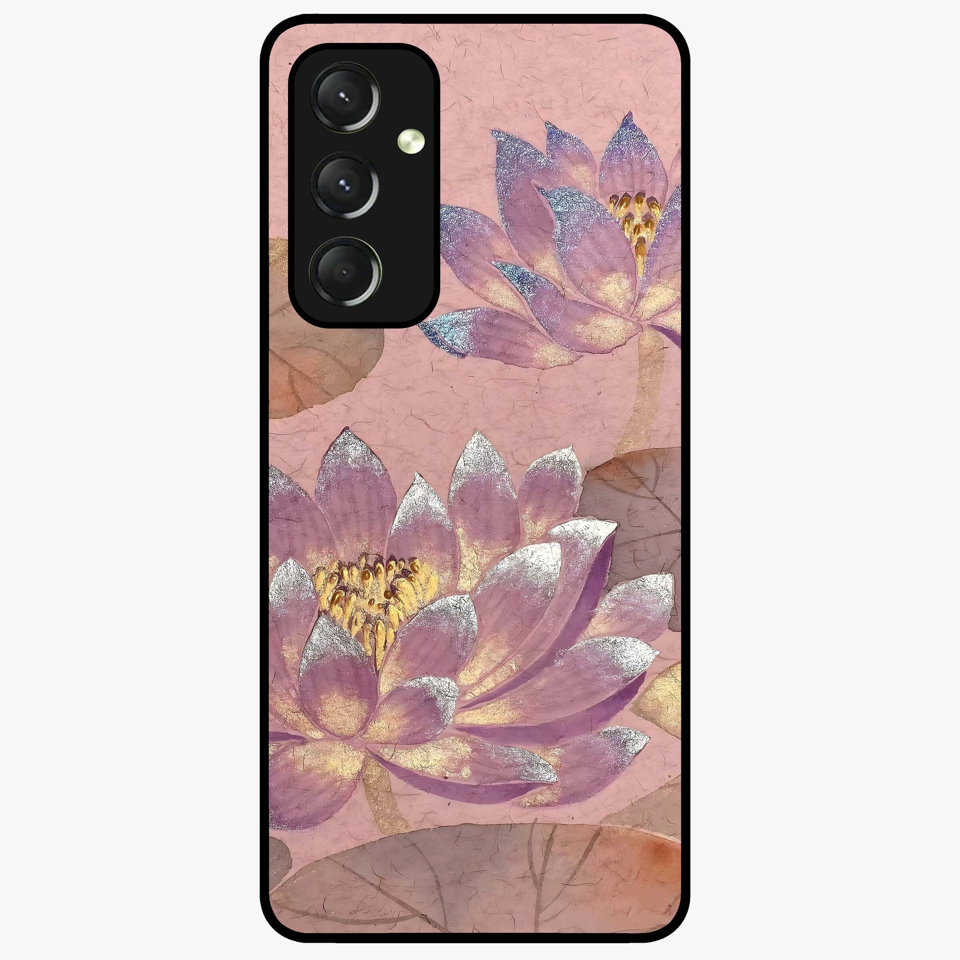Blossom Mist Lotus Glass Case showing flat back view with serene lotus blossom artwork and glossy glass finish.