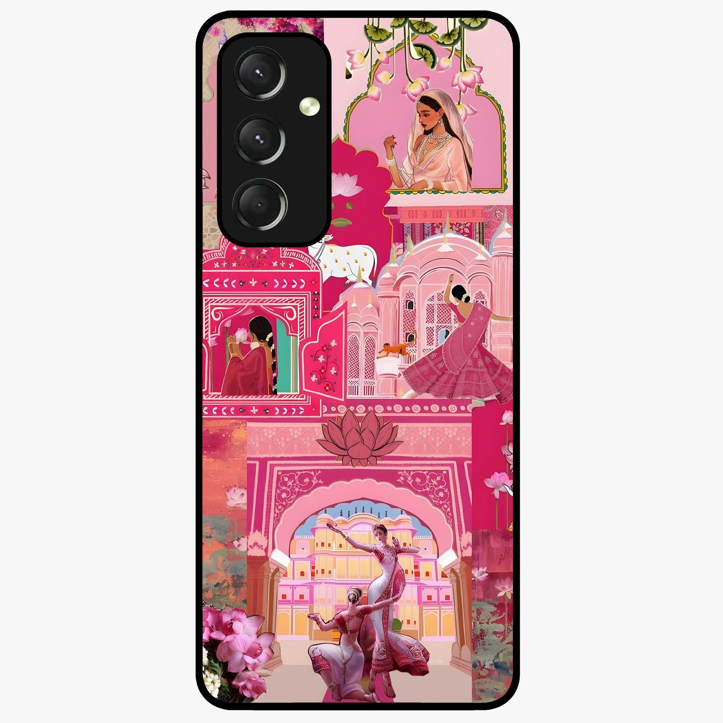 Blossoms of Rajasthan Glass Case showing flat back view with traditional floral artwork inspired by Rajasthan and glossy glass finish.