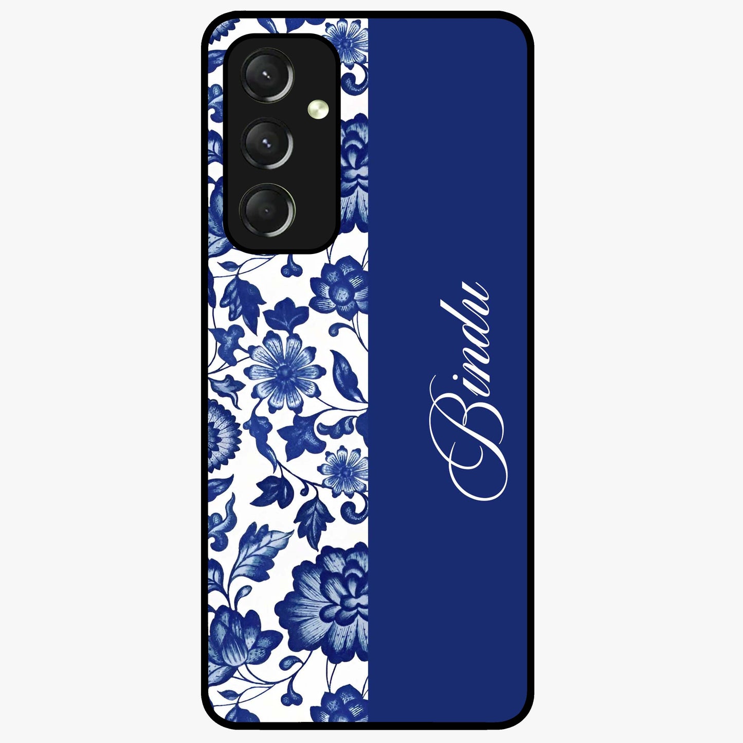 Blue Vintage Floral Pattern Glass Case upright view showcasing timeless floral illustration with vintage inspired style.