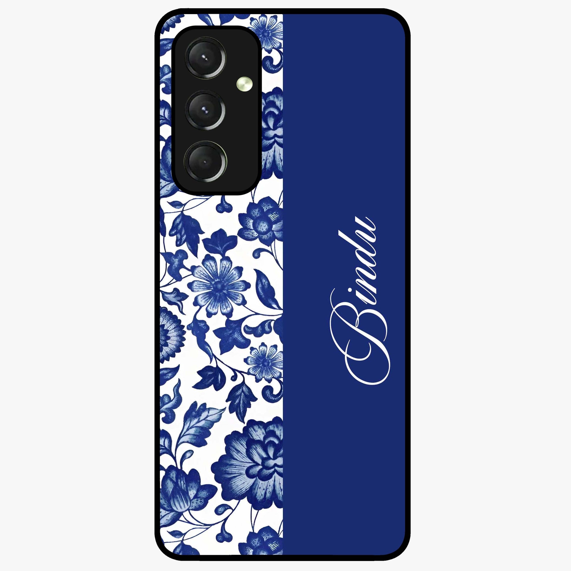 Blue Vintage Floral Pattern Glass Case upright view showcasing timeless floral illustration with vintage inspired style.