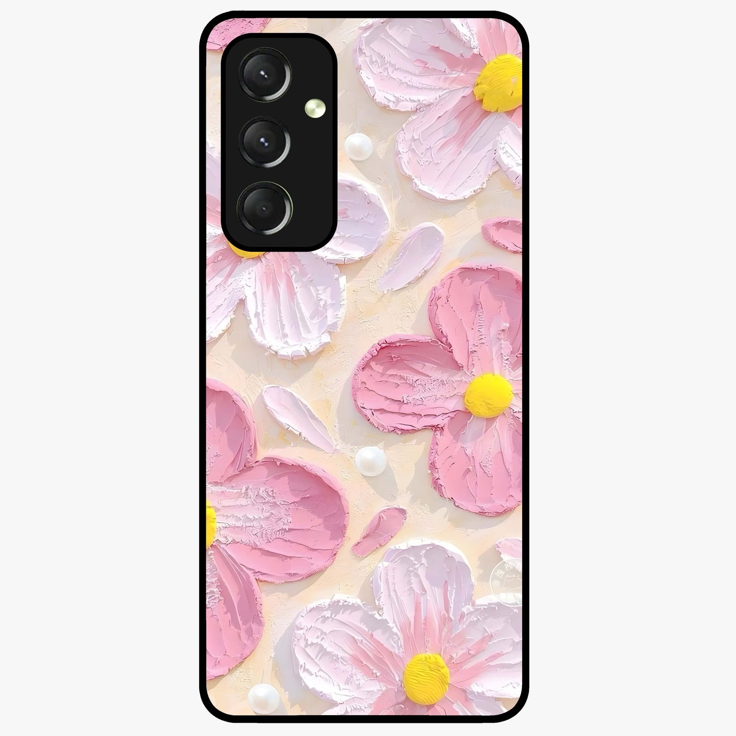 Blush Bloom Texture Glass Case showing flat back view with soft blush floral texture artwork and glossy glass finish.