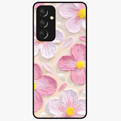 Blush Bloom Texture Glass Case showing flat back view with soft blush floral texture artwork and glossy glass finish.