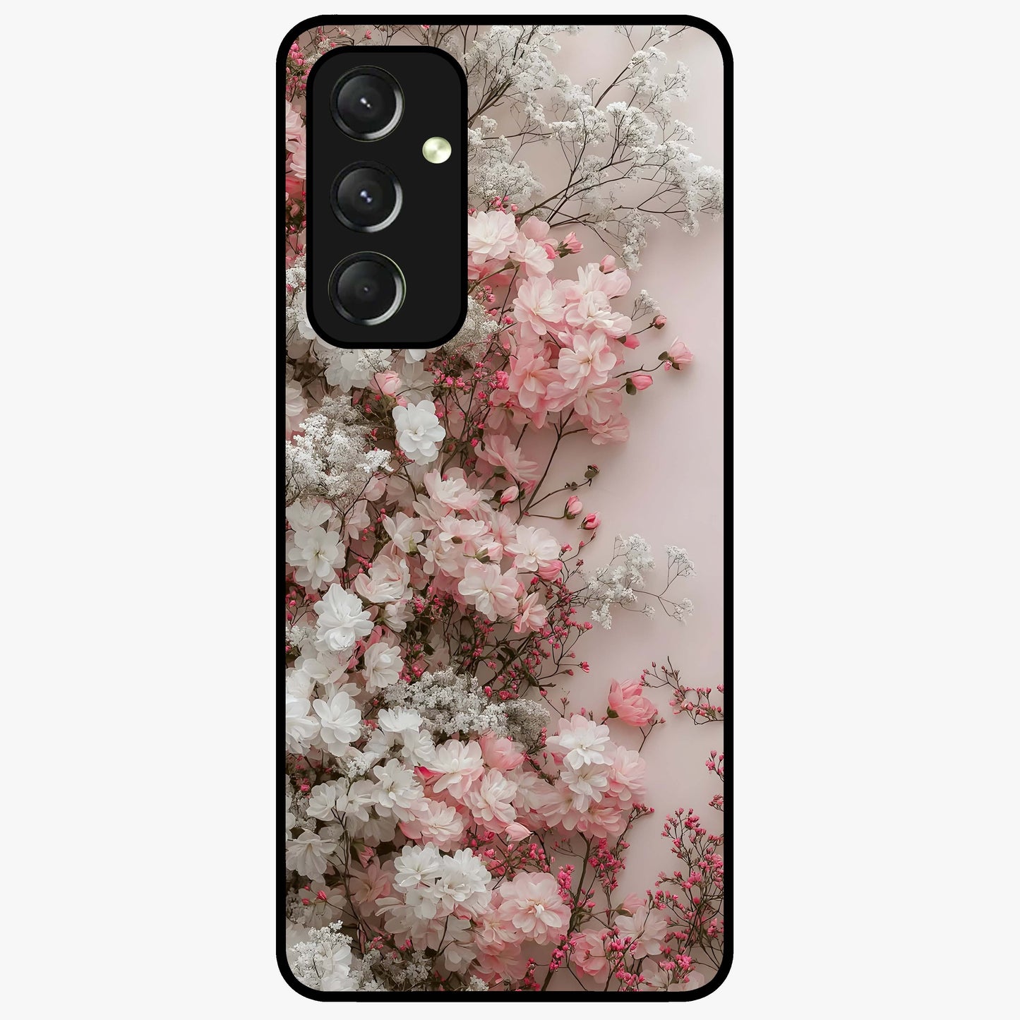 Blush Blossom Cloud Glass Case showing flat back view with dreamy blush cloud blossom artwork and glossy glass finish.