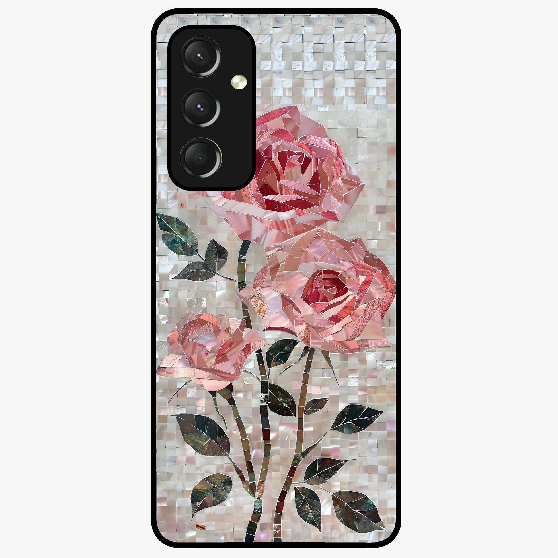 Blush Mosaic Bloom Glass Case showing flat back view with mosaic floral bloom artwork and glossy glass finish.