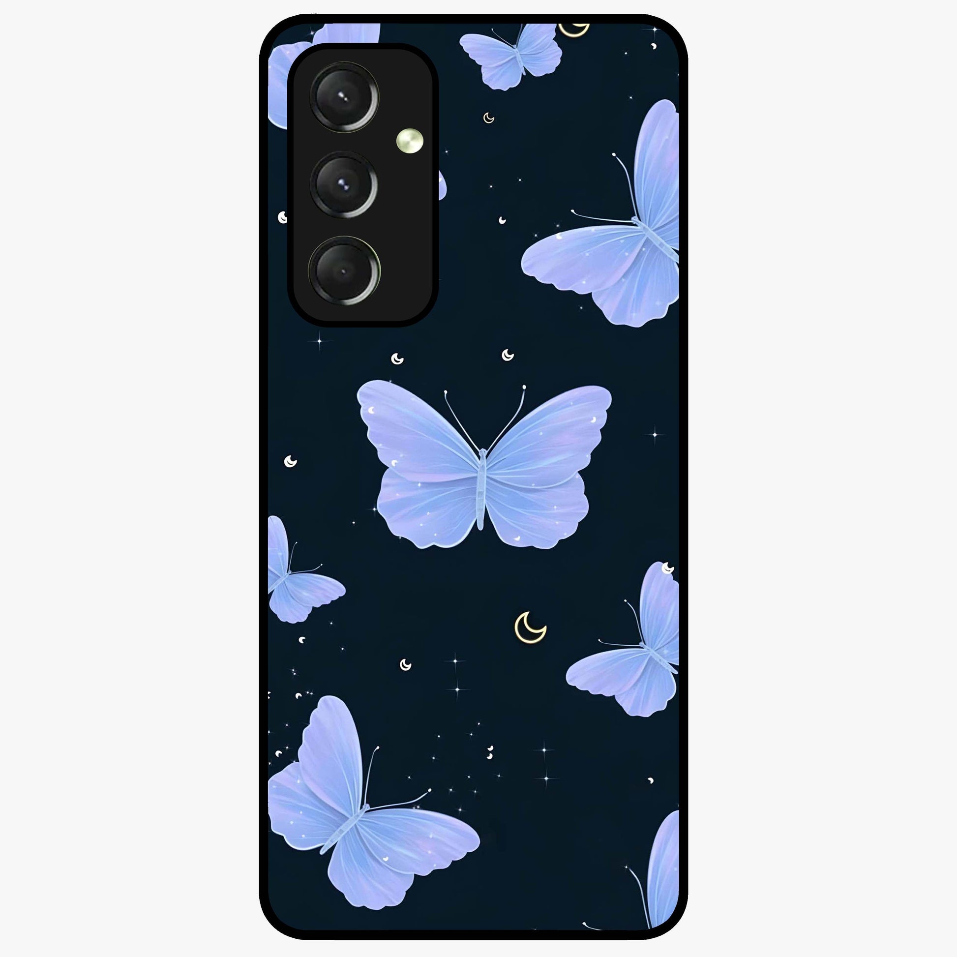 Butterfly With Stars Pattern Glass Case showing flat back view with butterfly and star pattern artwork and glossy glass finish.