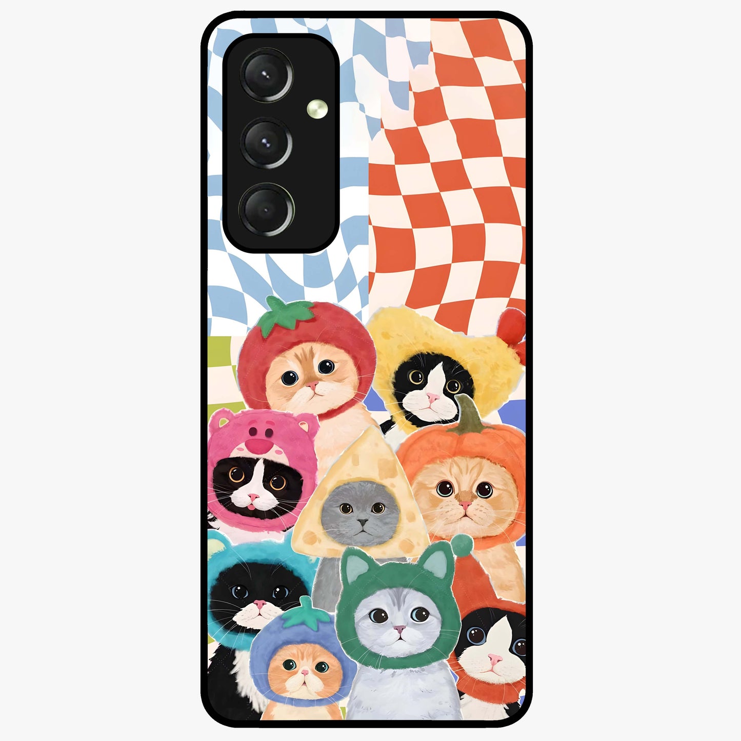Cats in Fruits Glass Case showing flat back view with playful cat illustrations inside fruit artwork and glossy glass finish.