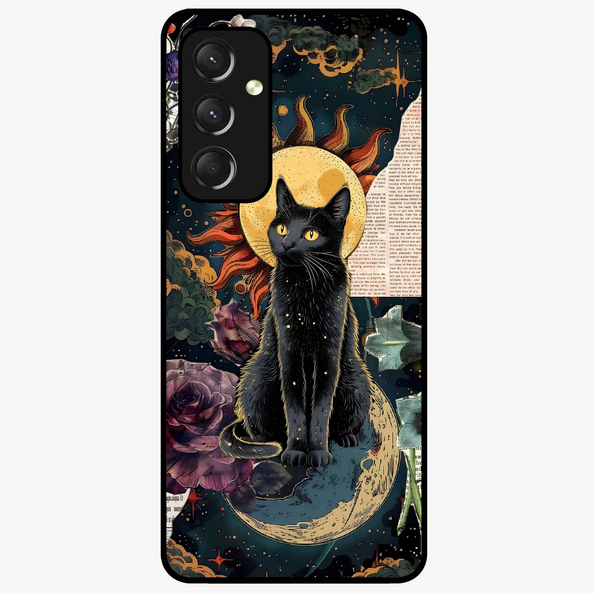 Celestial Black Cat Glass Case showing flat back view with mystical black cat artwork and glossy glass finish.