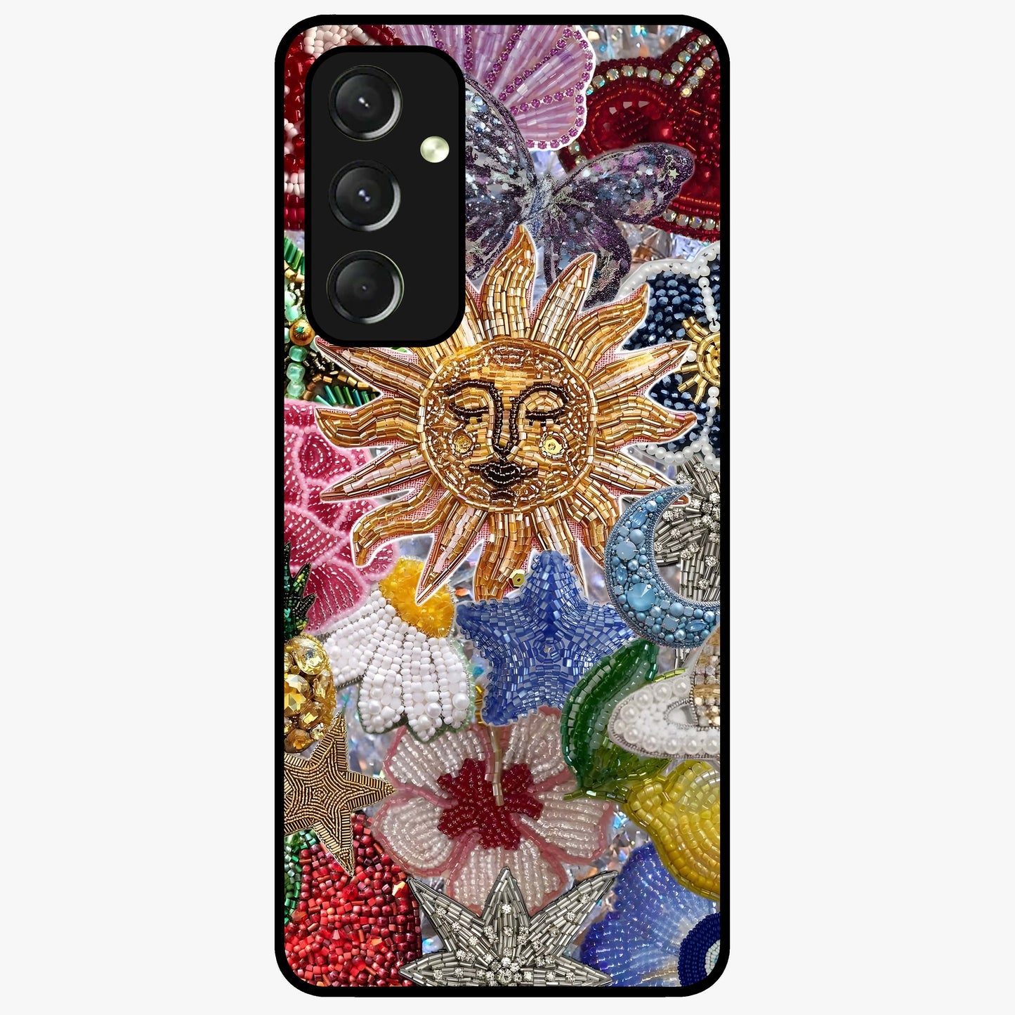 Celestial Floral and Playful Glass Case showing flat back view with floral and celestial themed artwork and glossy glass finish.