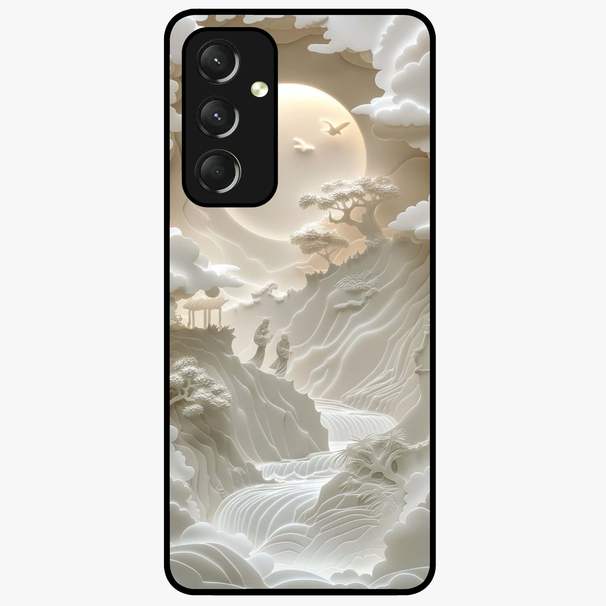 Celestial Origami Glass Case showing flat back view with artistic origami inspired celestial artwork and glossy glass finish.
