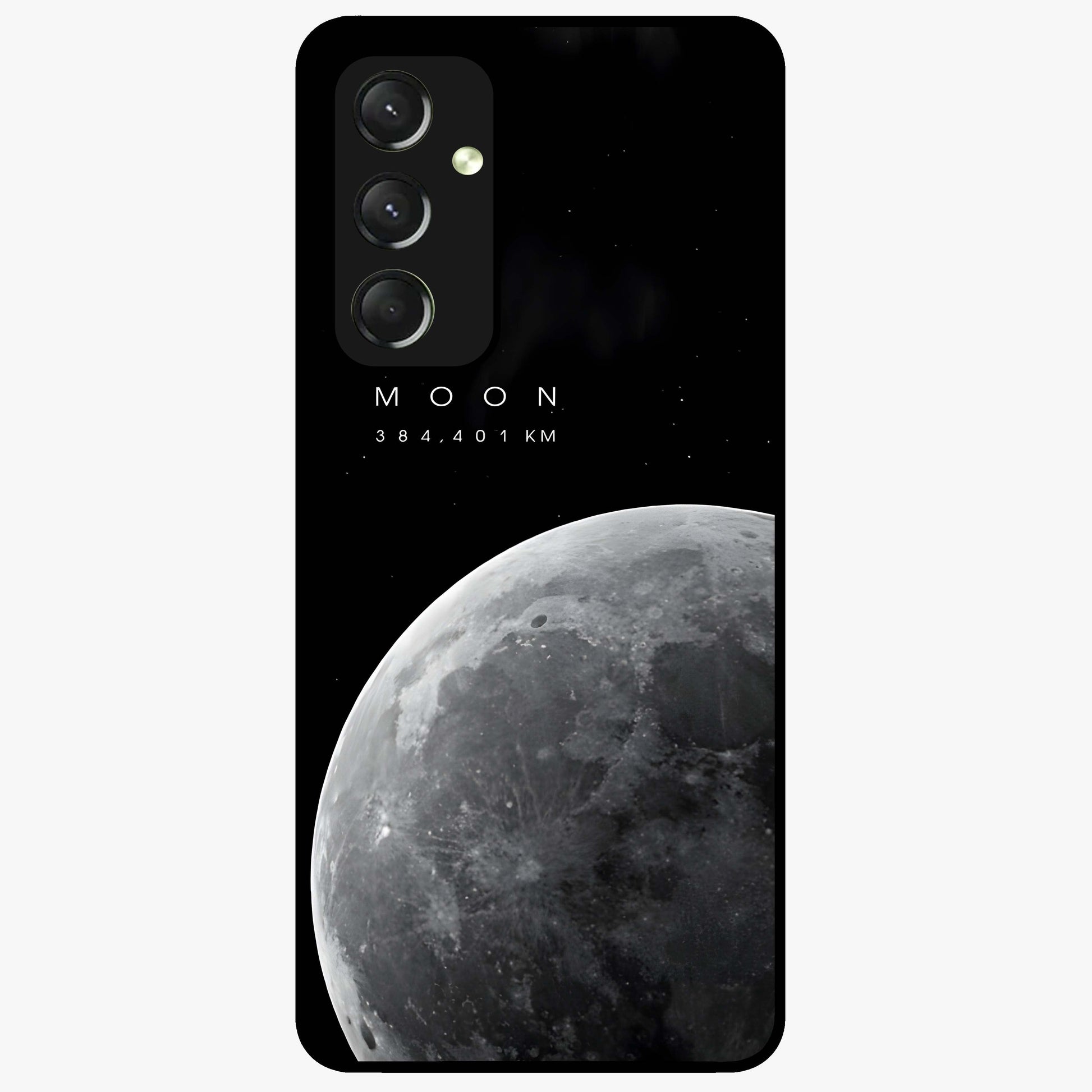Cosmic Moon Glow Glass Case showing flat back view with glowing moon artwork and glossy glass finish.