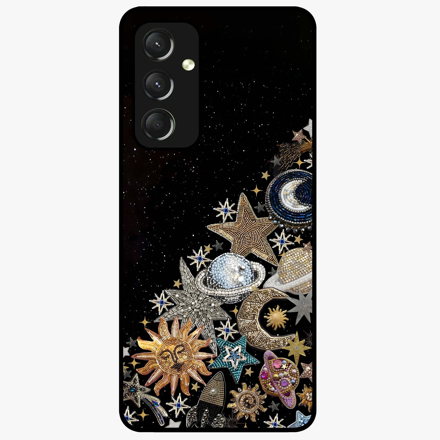 Cosmic Sparkle Dreams Glass Case showing flat back view with sparkling cosmic artwork and glossy glass finish.