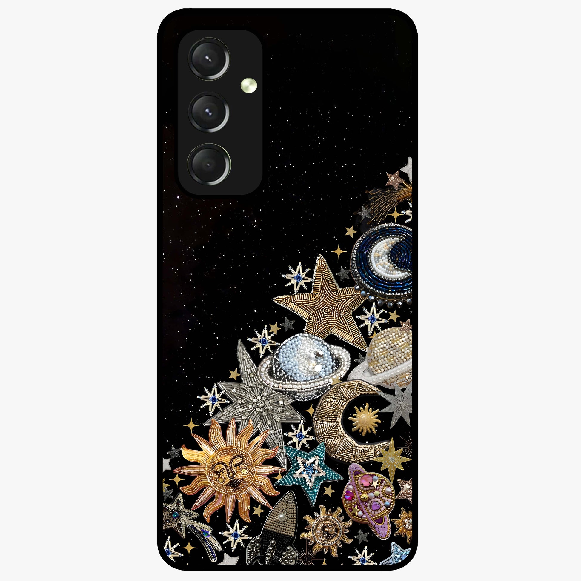 Cosmic Sparkle Dreams Glass Case showing flat back view with sparkling cosmic artwork and glossy glass finish.
