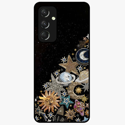 Cosmic Sparkle Dreams Glass Case showing flat back view with sparkling cosmic artwork and glossy glass finish.