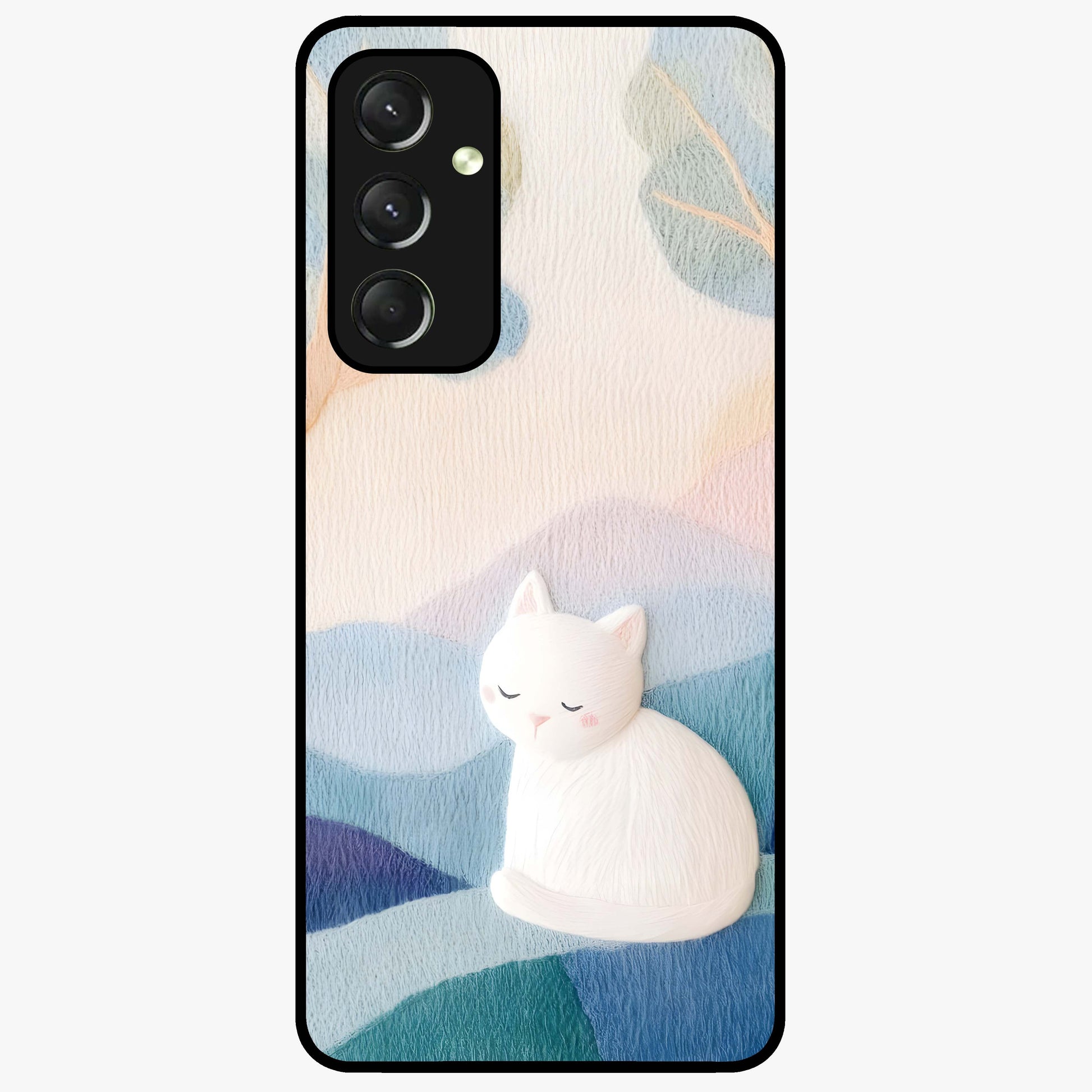 Cotton Dream Cat Glass Case showing flat back view with soft dreamy cat artwork and glossy glass finish.