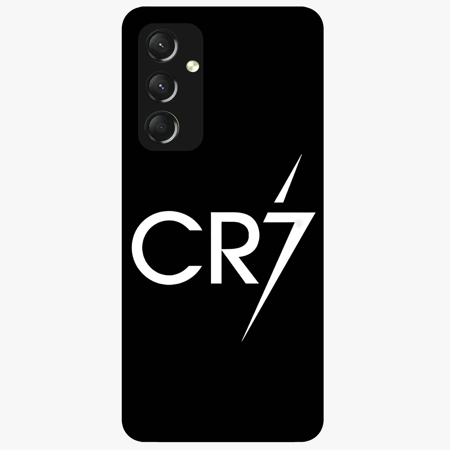Cr7 Elite Strike Glass Case showing flat back view with dynamic football inspired artwork and glossy glass finish.