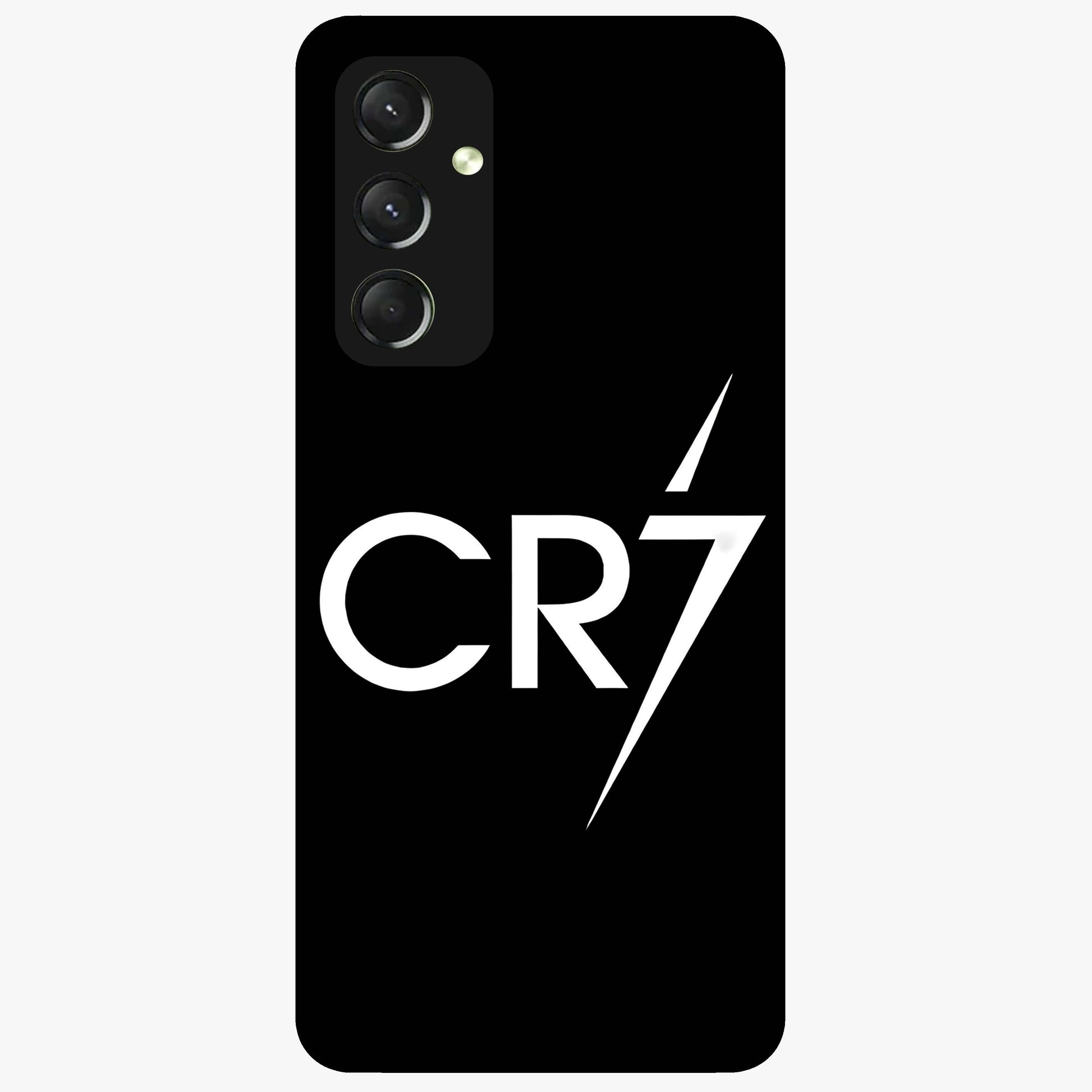 Cr7 Elite Strike Glass Case showing flat back view with dynamic football inspired artwork and glossy glass finish.