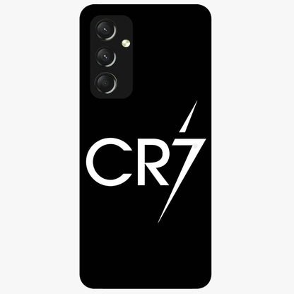 Cr7 Elite Strike Glass Case showing flat back view with dynamic football inspired artwork and glossy glass finish.