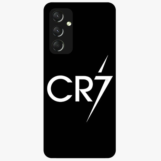 Cr7 Elite Strike Glass Case showing flat back view with dynamic football inspired artwork and glossy glass finish.