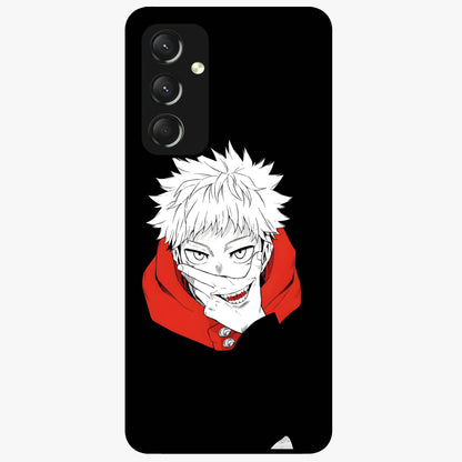 Crimson Chaos Smile Glass Case showing flat back view with bold chaotic smile artwork and glossy glass finish.