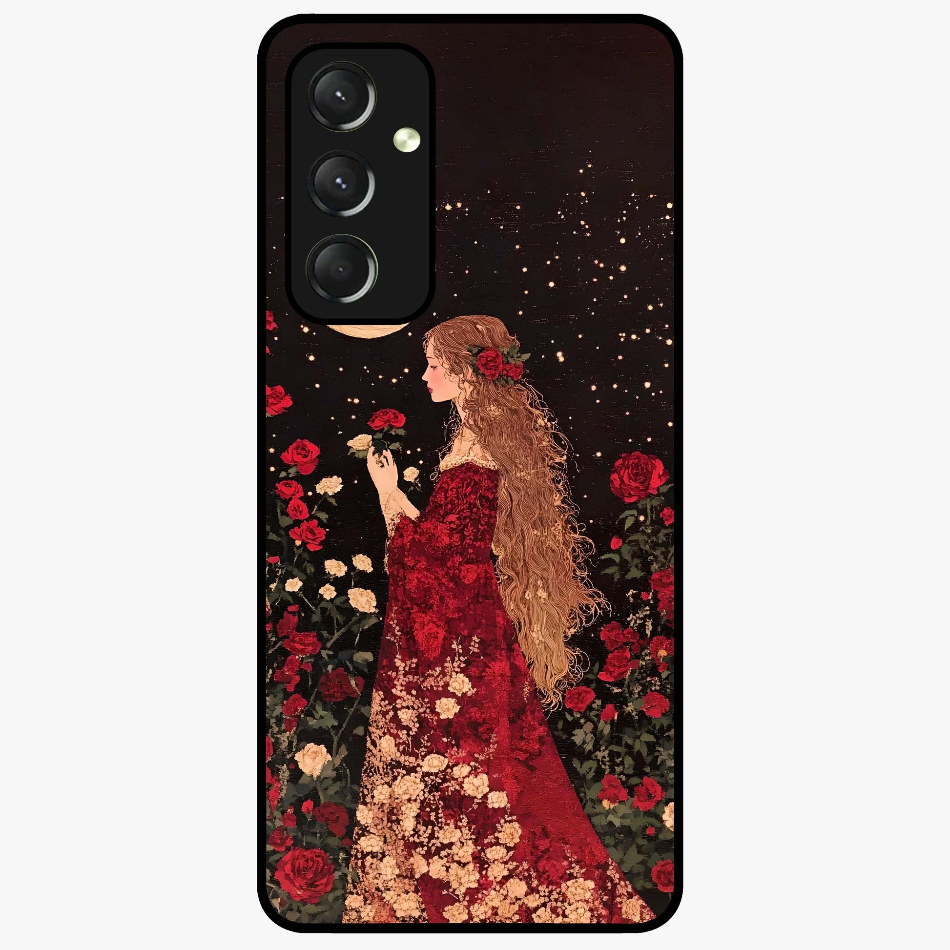 Crimson Dreams Glass Case showing flat back view with dreamy crimson artwork and glossy glass finish.