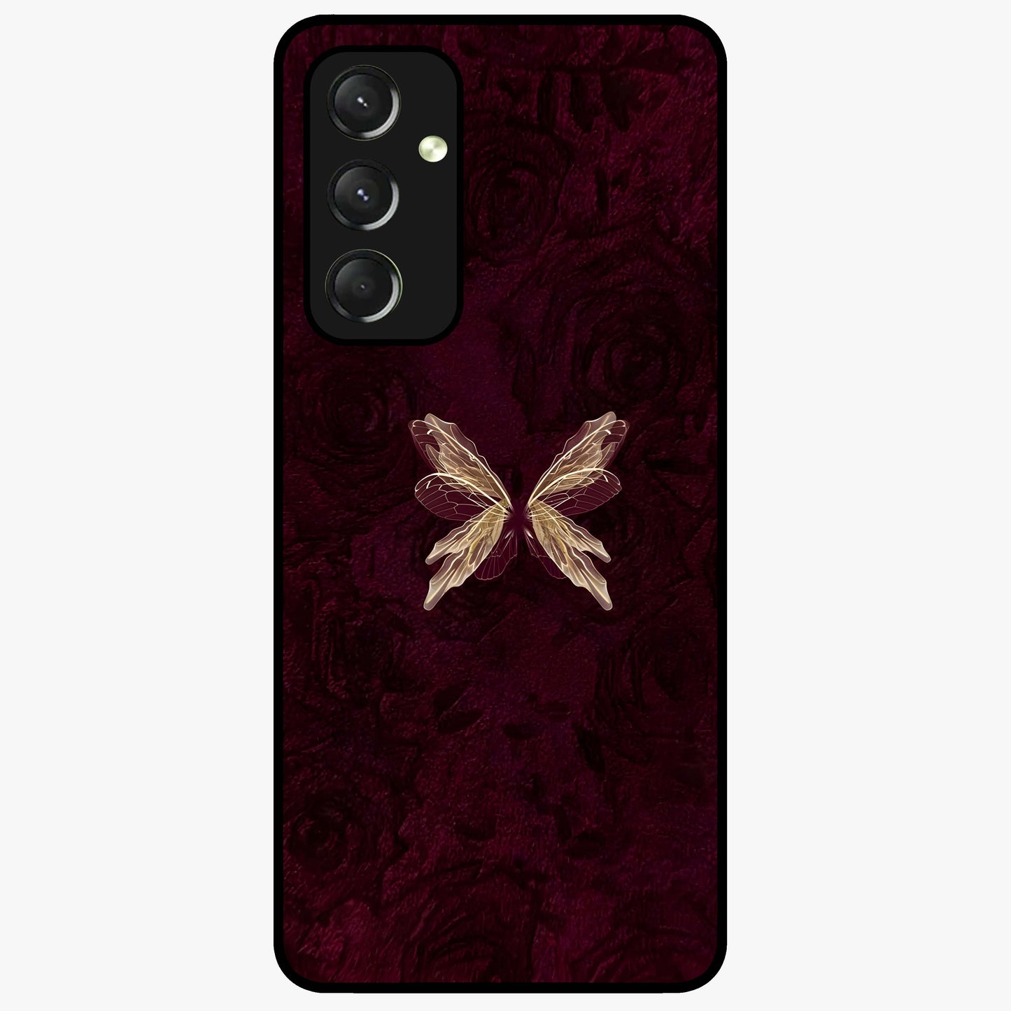 Crimson Fade Butterfly Glass Case showing flat back view with fading butterfly artwork and glossy glass finish.