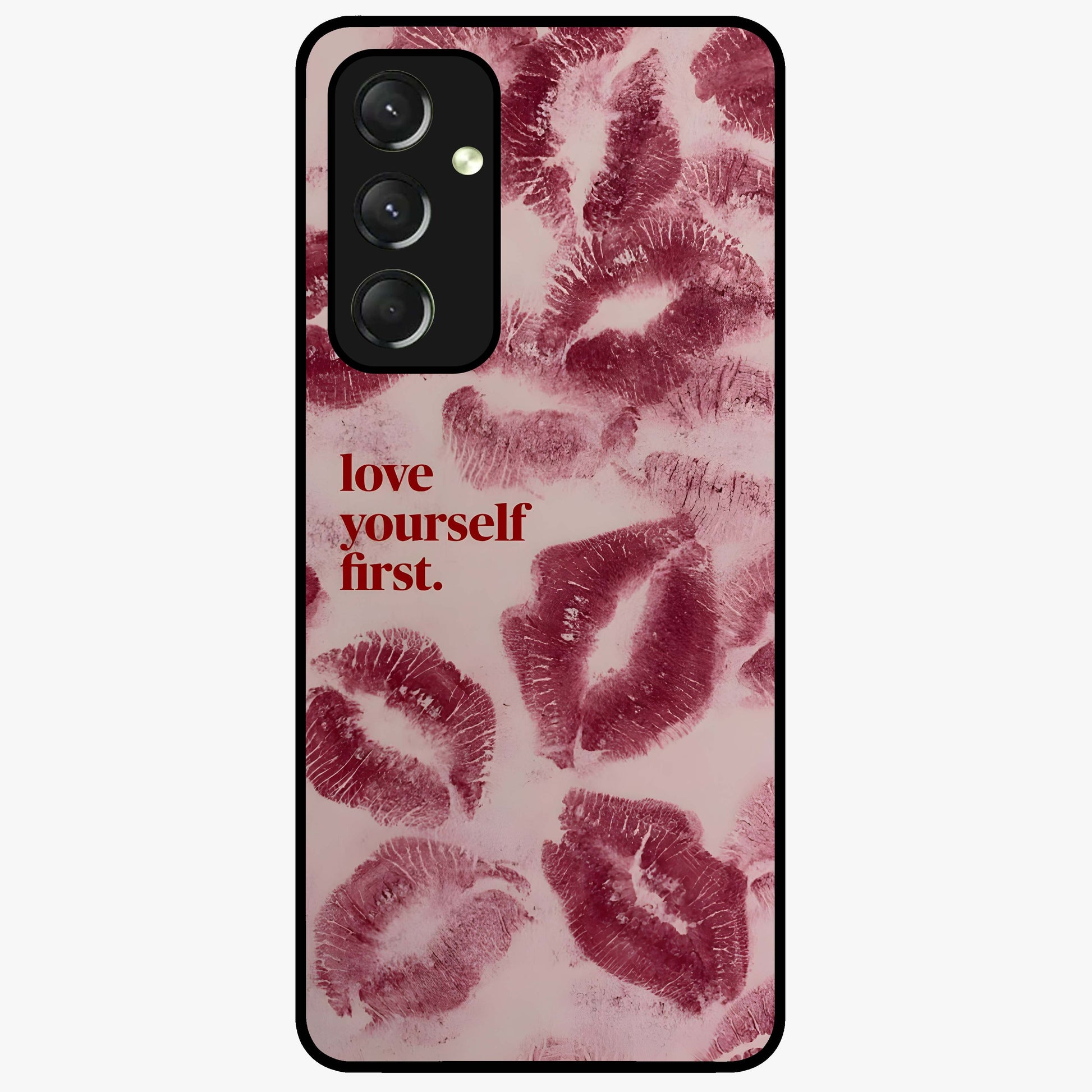 Crimson Kiss Love Glass Case showing flat back view with romantic crimson themed artwork and glossy glass finish.