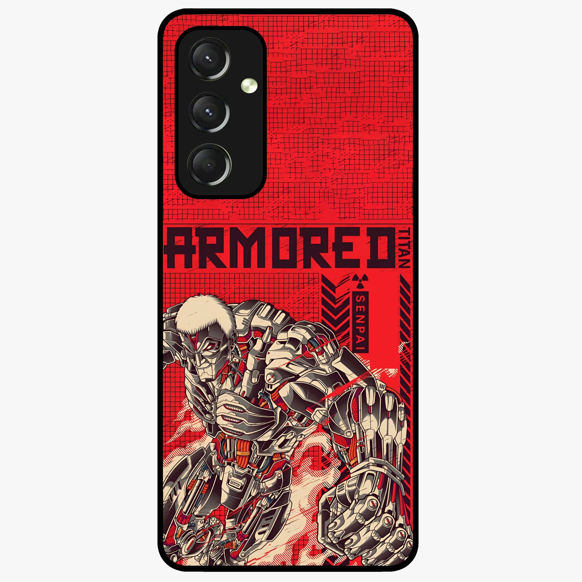 Crimson Mecha Titan Glass Case showing flat back view with powerful mech titan artwork and glossy glass finish.