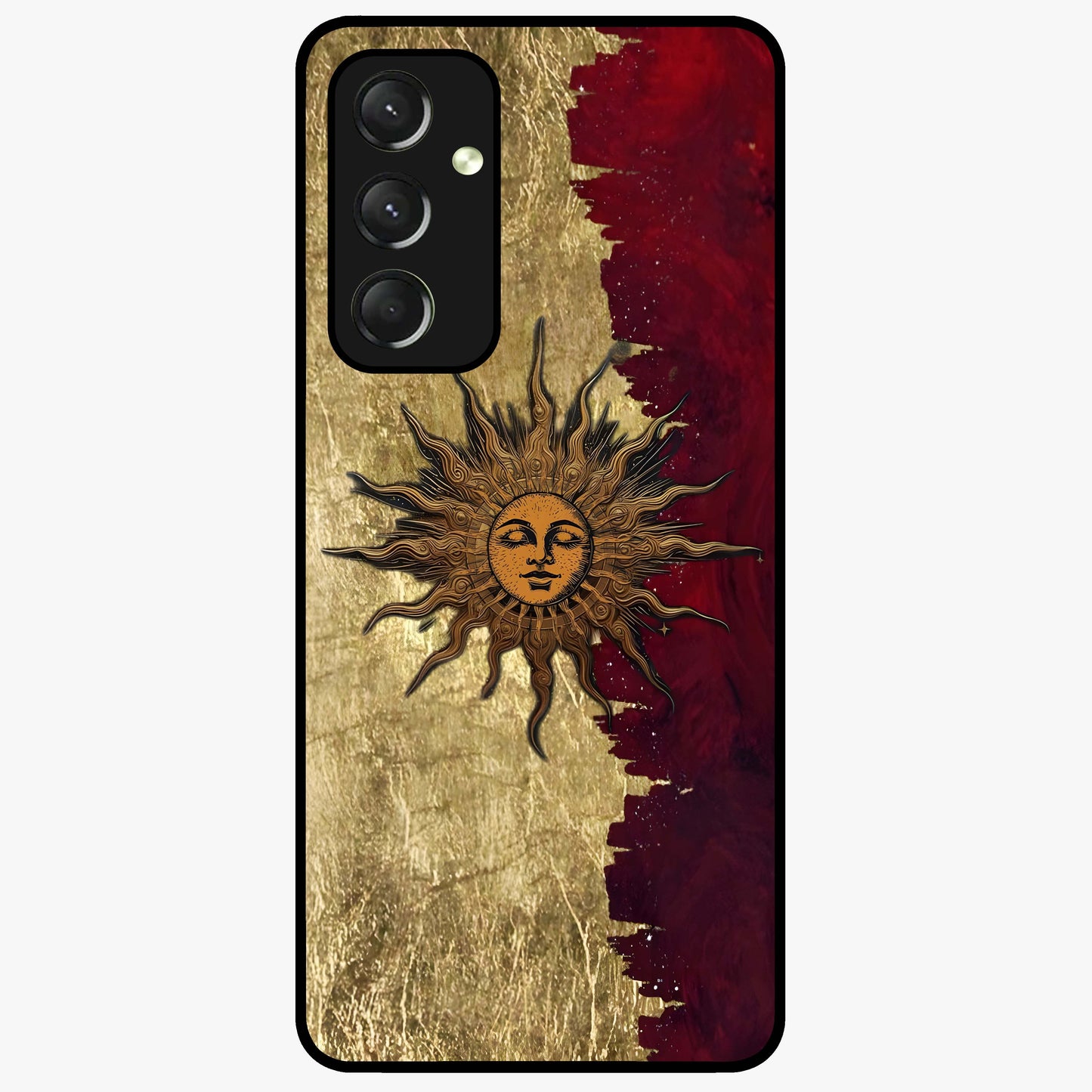 Crimson Sun Majesty Glass Case showing flat back view with radiant sun inspired artwork and glossy glass finish.