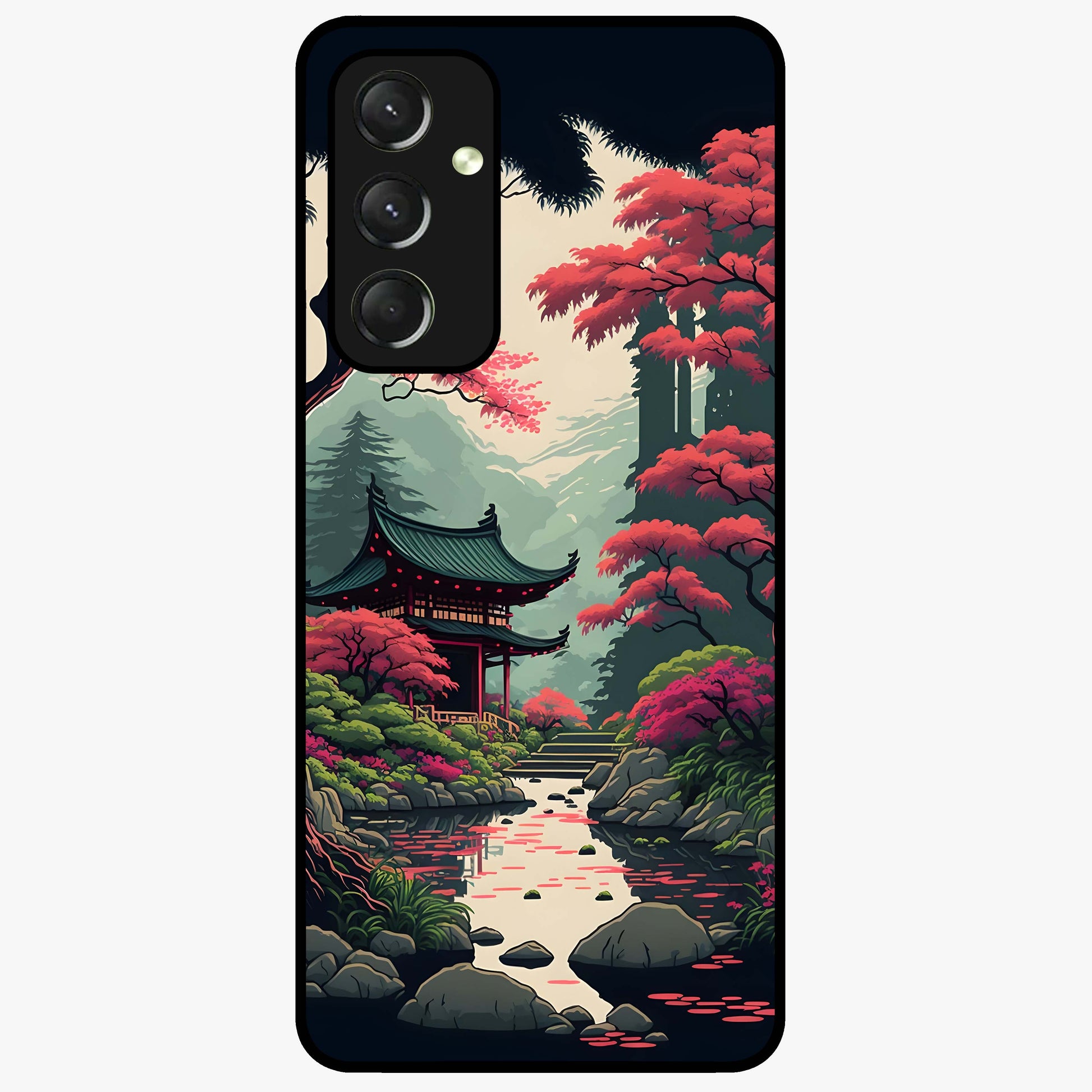 Crimson Temple View Glass Case showing flat back view with temple inspired artwork and glossy glass finish.