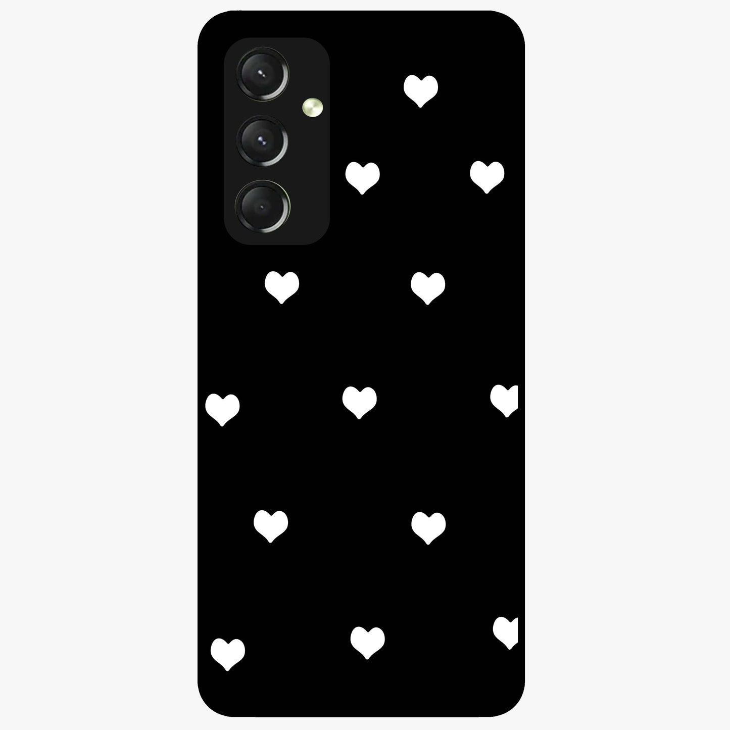 Cute And Simple White Hearts Glass Case showing flat back view with minimal white heart pattern and glossy glass finish.