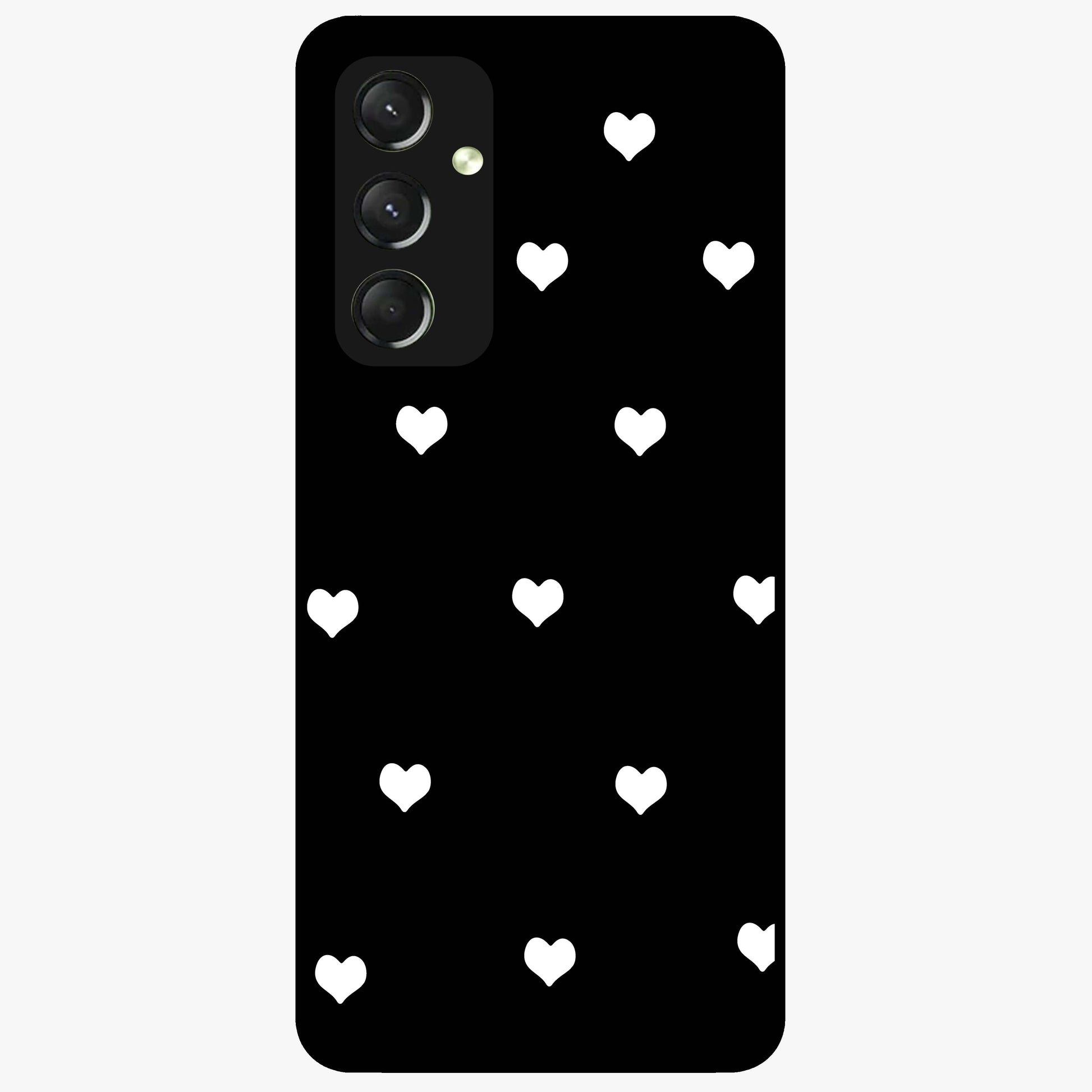 Cute And Simple White Hearts Glass Case showing flat back view with minimal white heart pattern and glossy glass finish.