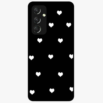 Cute And Simple White Hearts Glass Case showing flat back view with minimal white heart pattern and glossy glass finish.