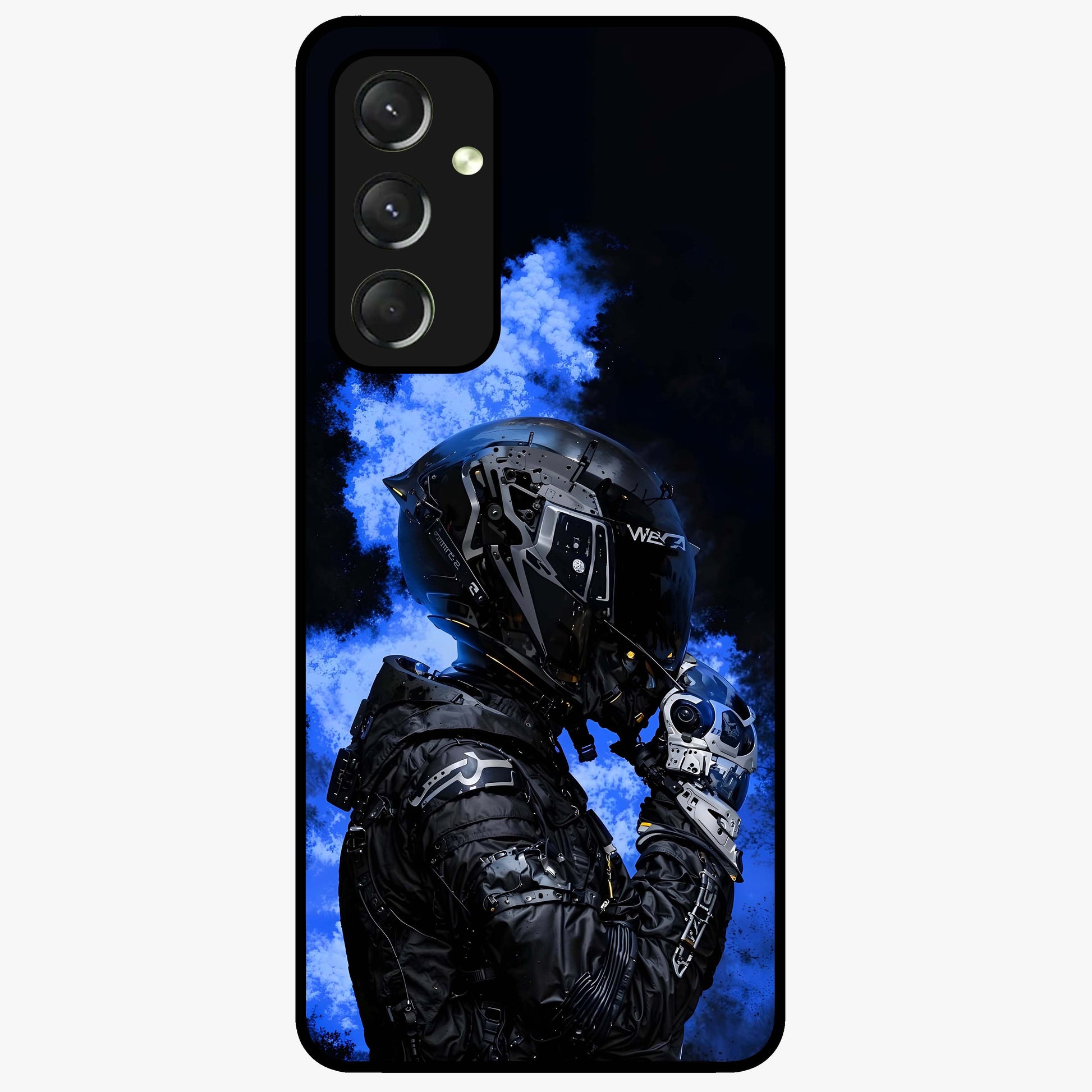 Cyber Sentinel Protocol Glass Case showing flat back view with futuristic cyber themed artwork and glossy glass finish.