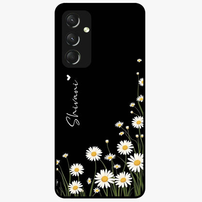 Daisy Cascade Custom Name Glass Case showing flat back view with cascading daisy flowers and personalized name design.