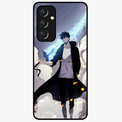 Dark Lightning Anime Warrior Glass Case showing flat back view with intense anime warrior artwork and glossy glass finish.