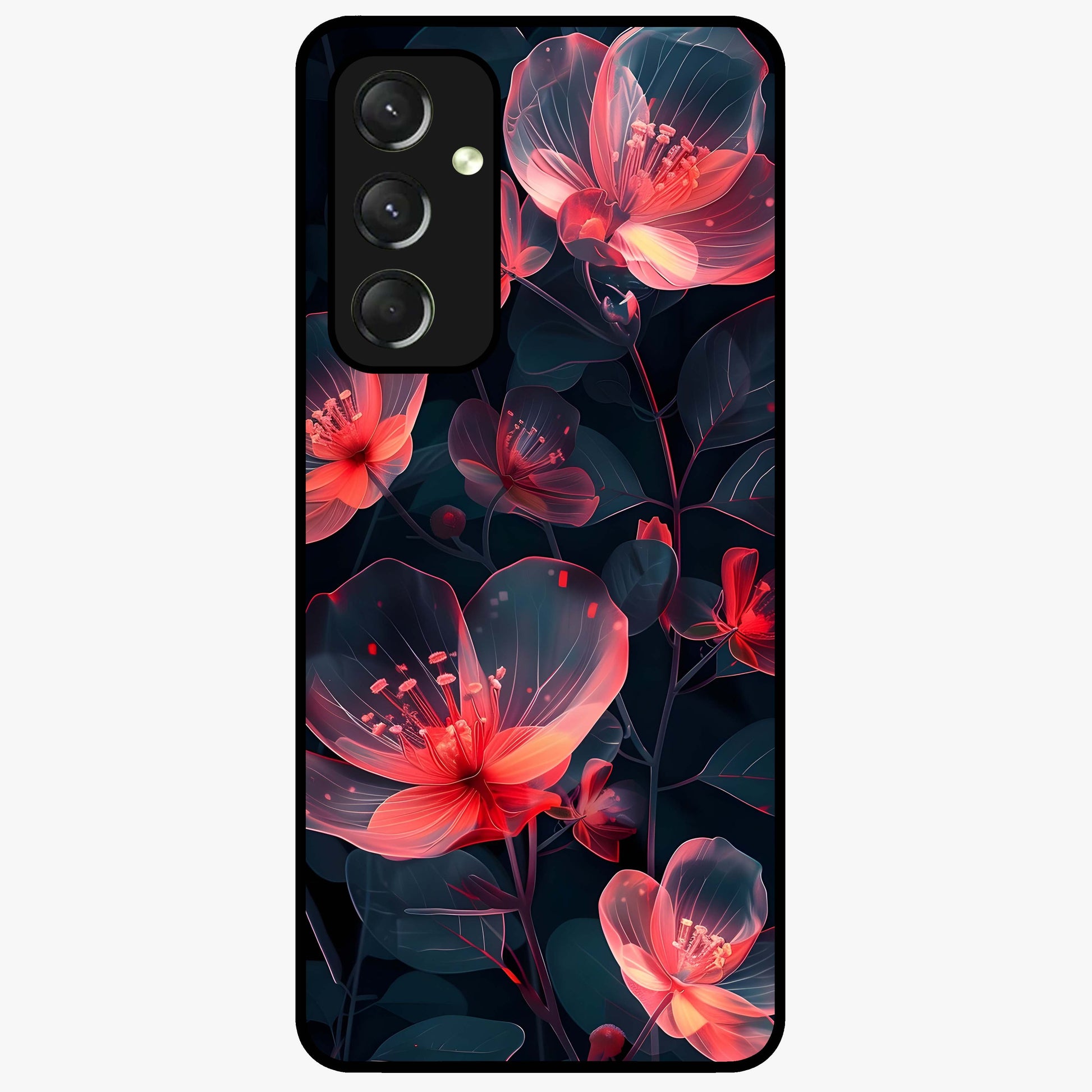 Dark Shade of Flower Glass Case showing flat back view with elegant dark floral artwork and glossy glass finish.