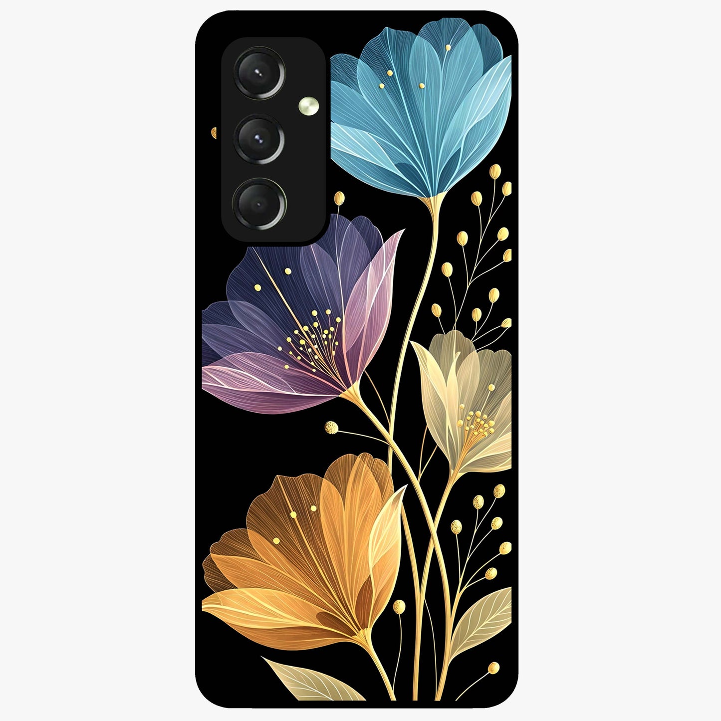 Delicate Multicolor Flowers Glass Case showing flat back view with vibrant floral artwork and glossy glass finish.