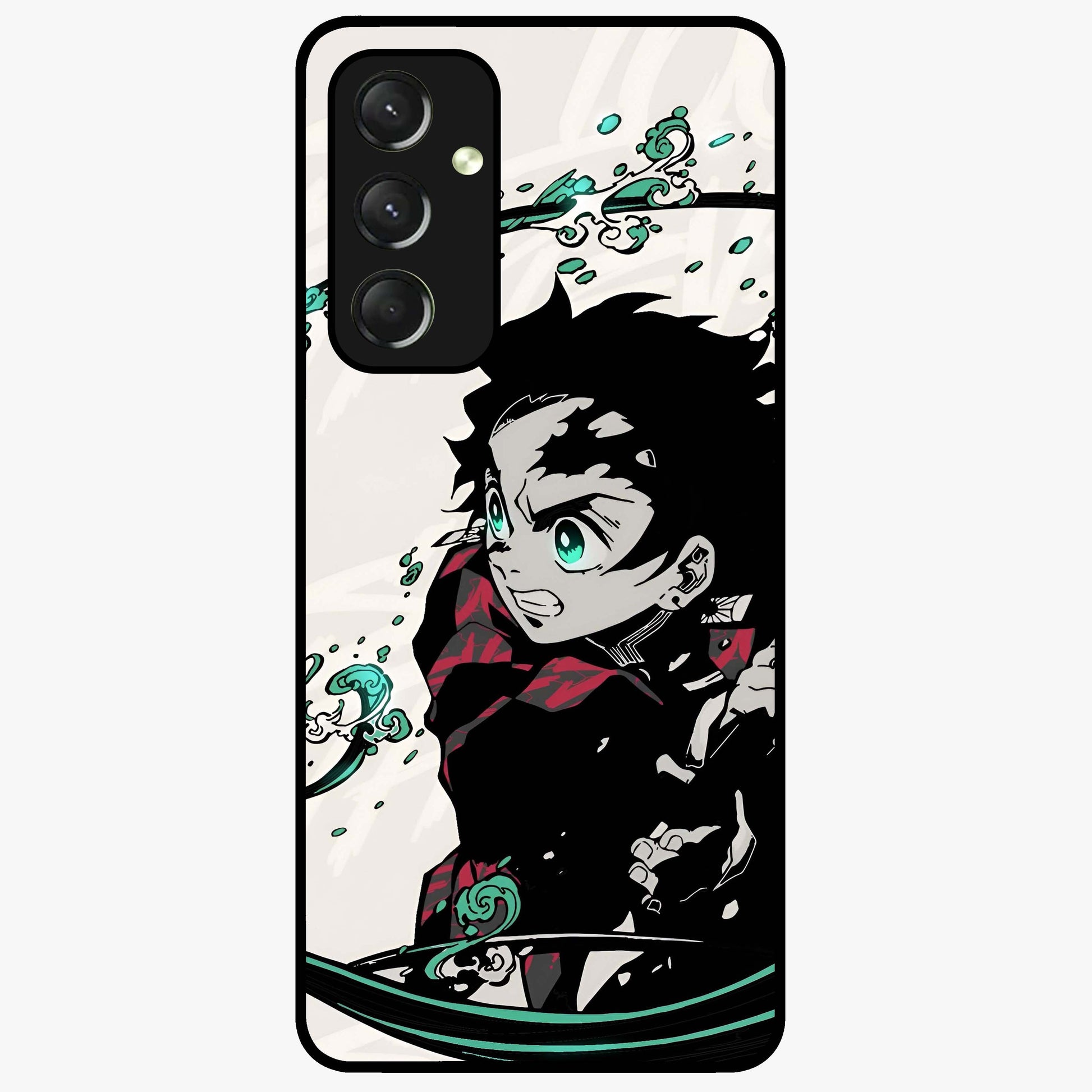 Demon Slayer Glass Case showing flat back view with bold anime inspired artwork and glossy glass finish.