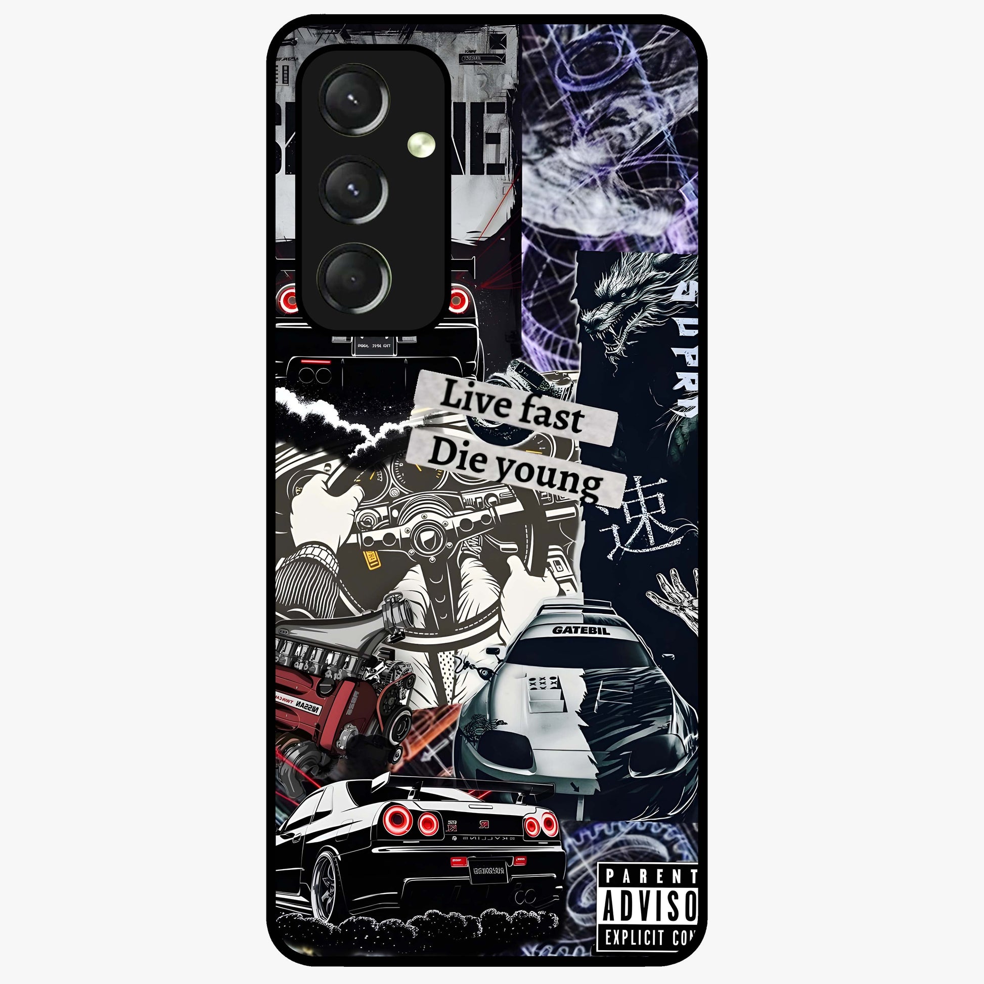 Die Young Glass Case showing flat back view with bold artistic typography design and glossy glass finish.
