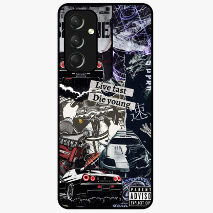 Die Young Glass Case showing flat back view with bold artistic typography design and glossy glass finish.