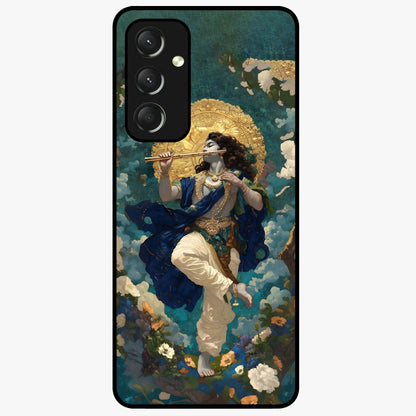 Divine Krishna Art Glass Case showing flat back view with Lord Krishna artwork and glossy glass finish.
