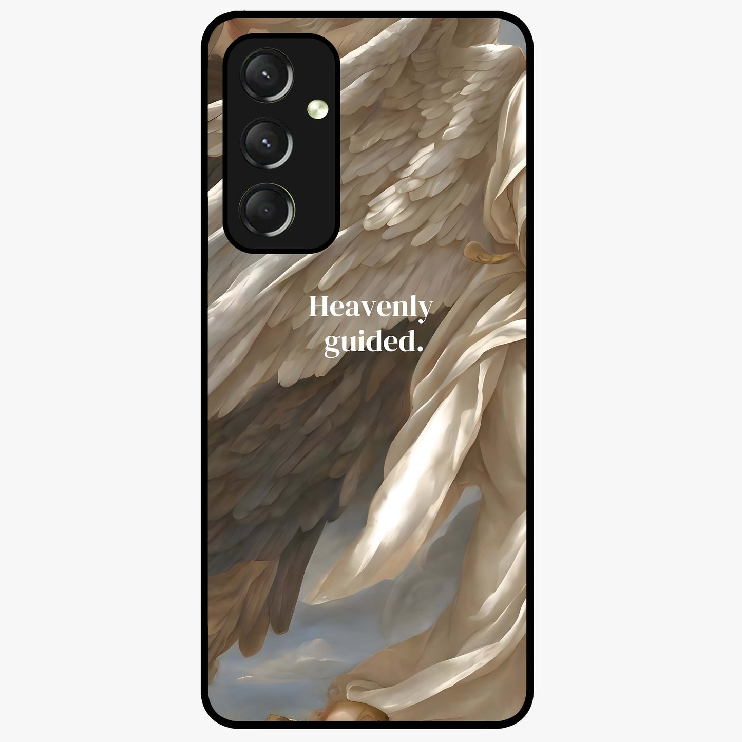 Divine Winged Grace Glass Case showing flat back view with elegant wing inspired artwork and glossy glass finish.