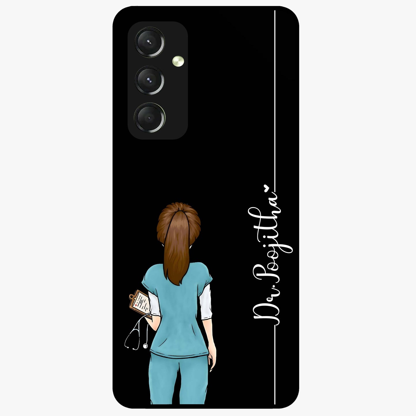 Doctor Pattern Custom Name Glass Case showing flat back view with medical themed pattern and personalized name design.