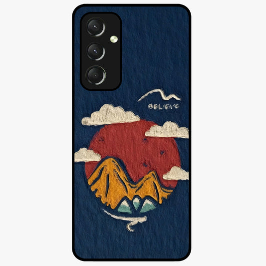 Dream Beyond Mountains Glass Case showing flat back view with scenic mountain landscape artwork and glossy glass finish.