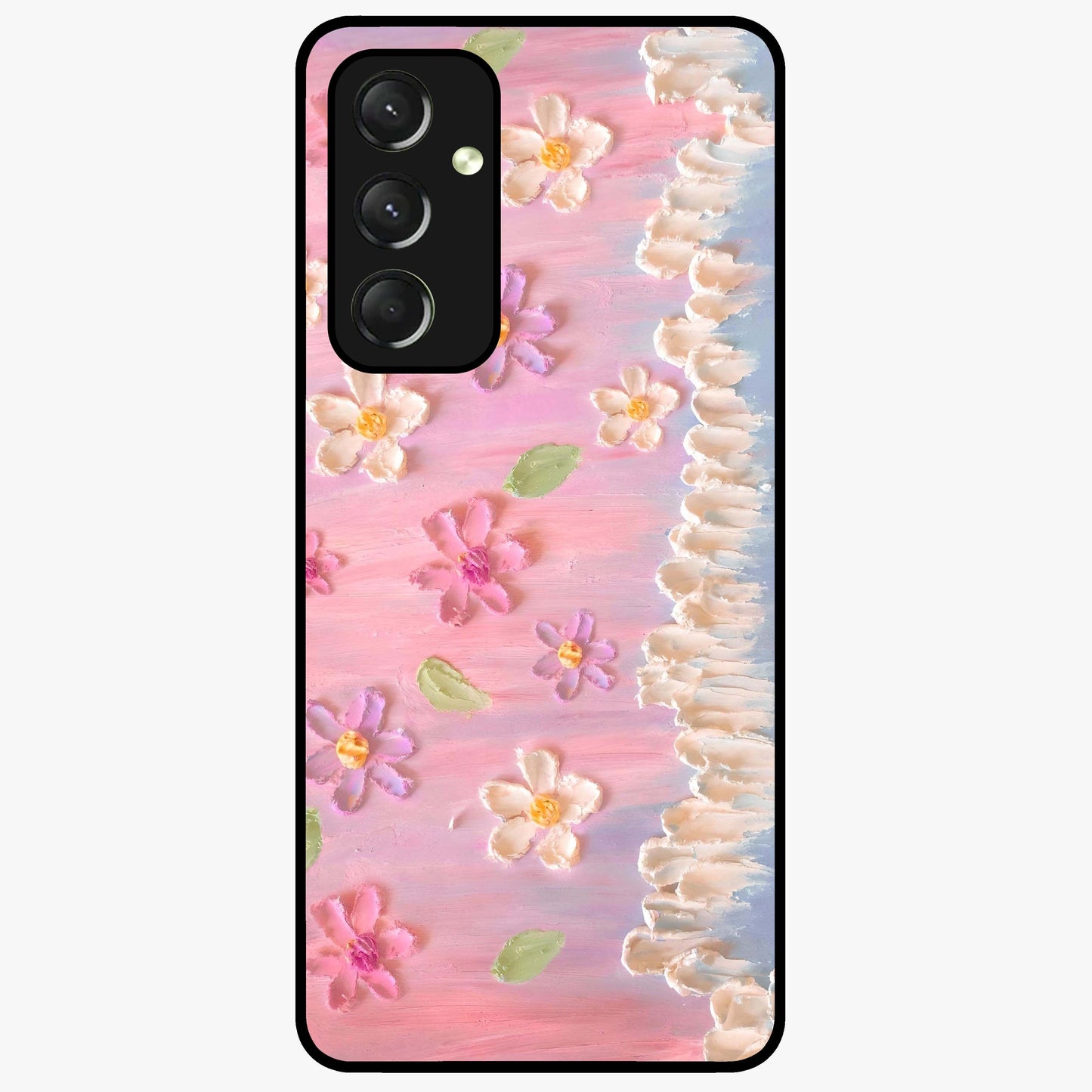 Dreamy Painted Garden Glass Case showing flat back view with artistic painted floral garden artwork and glossy glass finish.