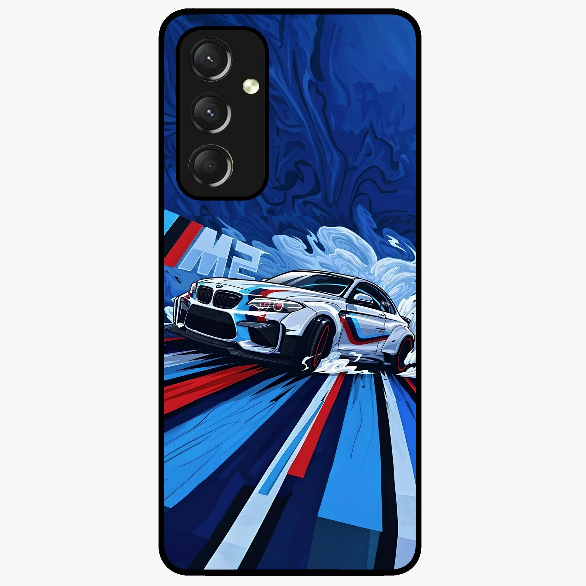Drift Power Rush Glass Case showing flat back view with dynamic racing inspired artwork and glossy glass finish.