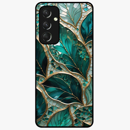 Emerald Leaf Glass Glass Case showing flat back view with emerald green leaf artwork and glossy glass finish.